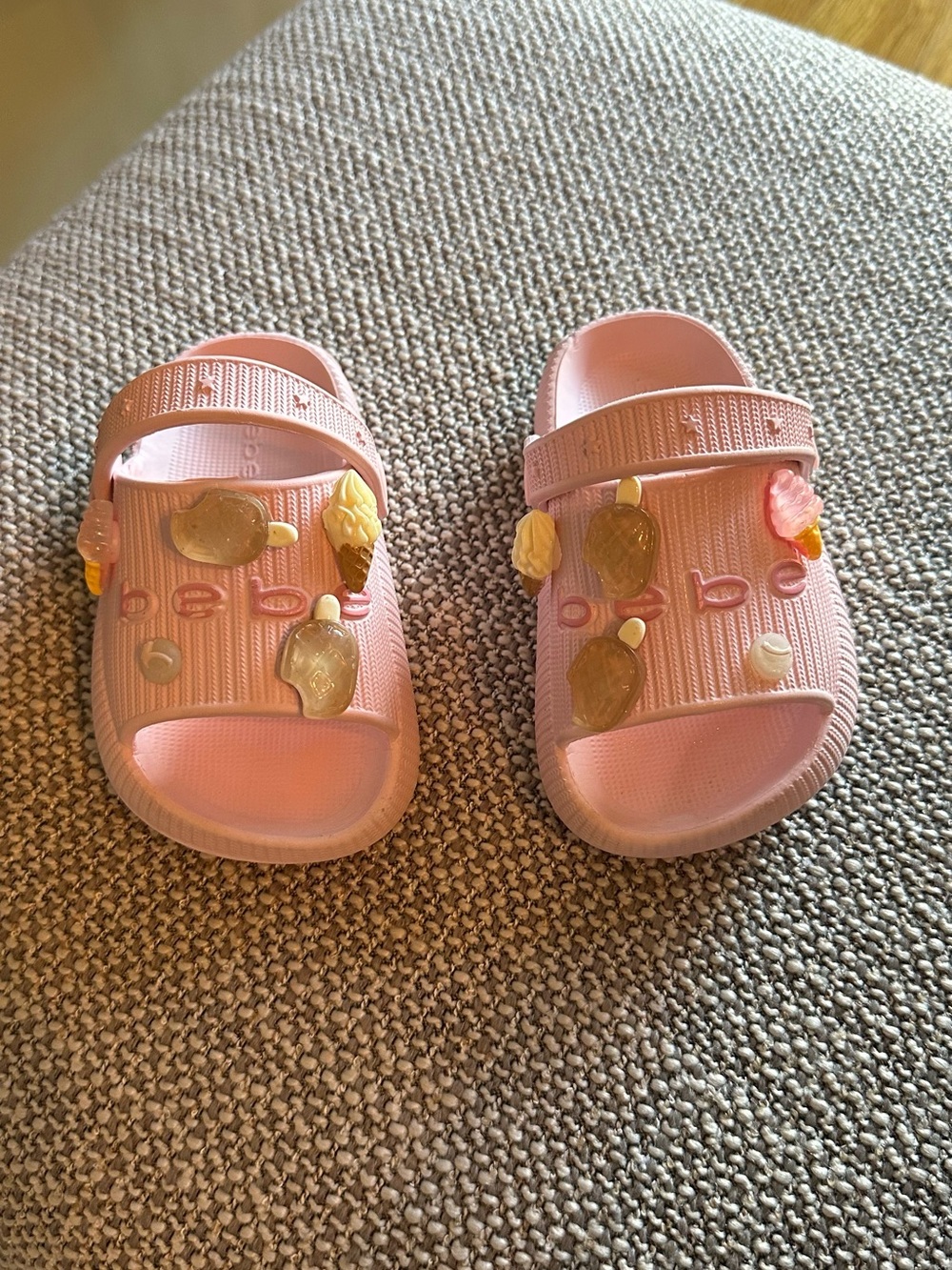 bebe Pink Slide Sandals with Gold and Yellow Charms